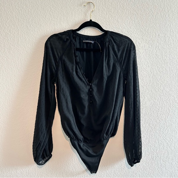 Abercrombie & Fitch Black Long sleeve Clip dot Bodysuit Small Swiss Dot Sheer - Picture 12 of 12